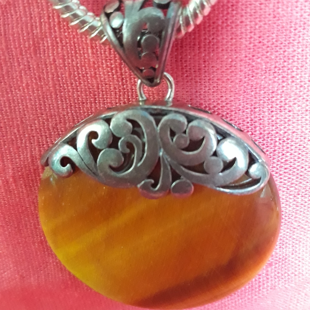 VINTAGE SILVER 925 TIGER EYE CHARM CHAIN